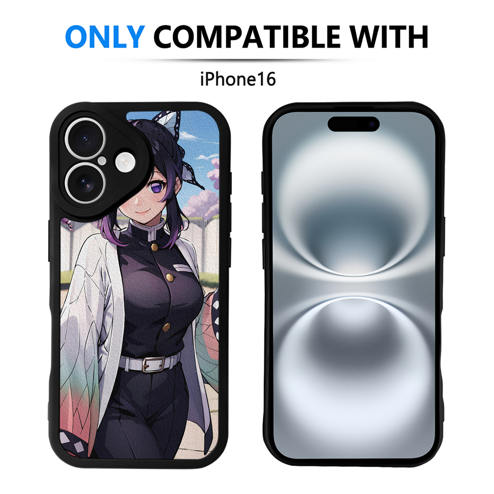（画像用） 鬼滅の刃（きめつのやいば）蟲柱-胡蝶 しのぶ／こちょう しのぶ Kochou Shinobu 【iPhone 16シリーズ対応】シリコンスマホケース（レザー調） 材質：シリコン
